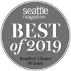 Round badge with text: "seattle magazine BEST of 2019 Readers' Choice Winner." Ends the sentence.