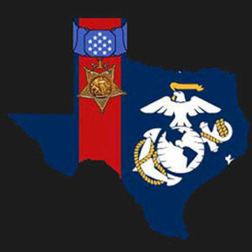The image depicts a map of Texas with a Medal of Honor ribbon and emblem, along with the US Marine Corps insignia inside it, on a black background.