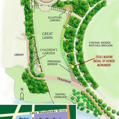 This image is a map of a park, featuring areas like the Great Lawn, Children's Garden, and a trail, with nearby roads and a parking area.