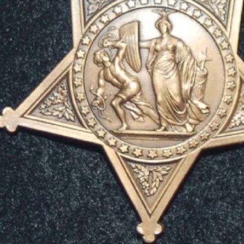 The image shows a bronze star-shaped medal with intricate designs and a central relief of figures, set against a dark background.